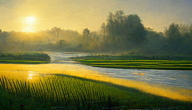 Morning sun at paddy field countryside river