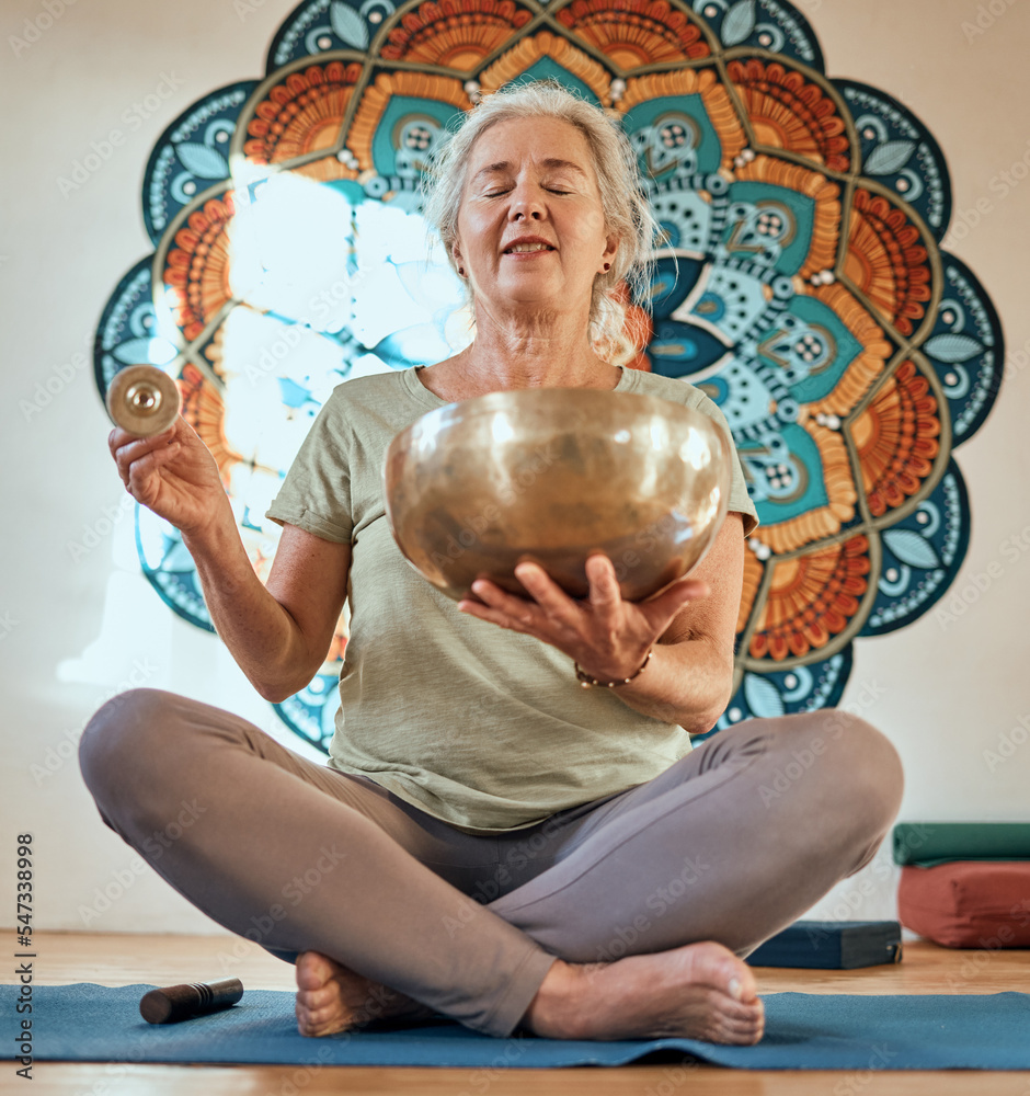 Canvas Prints Senior woman, yoga and meditation in fitness studio for body health and wellness motivation with gold bowl and mandala. Spiritual, energy and balance with mindfulness and zen, healthy and peace.