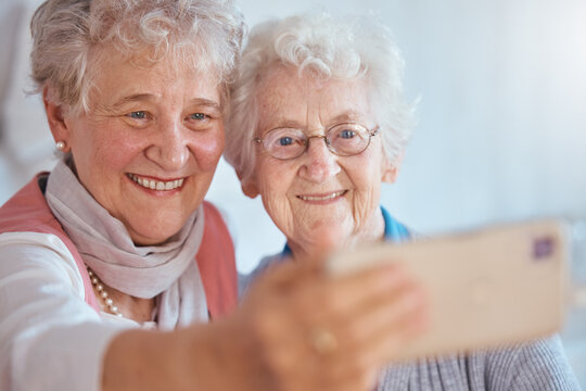 Phone selfie, elderly women and friends smile for comic photography in retirement home together. Happy, senior woman and 5g internet app for quality time memory, laughing and friendship on smartphone