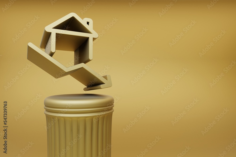 Aufkleber Beautiful abstract illustrations Golden Real Estate arrow Down symbol icons on a golden column and wonderful background. 3d rendering illustration. Background pattern for design.