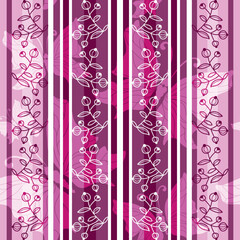 Pink striped seamless pattern with berries and butterflies translucent silhouettes. vector image