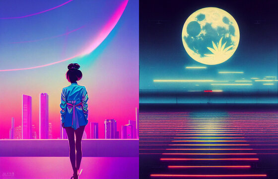 Futuristic cyberpunk retro wave illustration, neon lights, synth wave mood,woman in space, collection