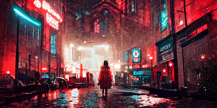 Cyberpunk Neon City, Neon Lights, Alone In City, People Walking On The Street At Night, Epic Composition