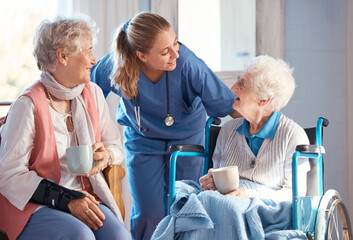 Nursing home, care and nurse with senior women doing healthcare checkup, examination or...