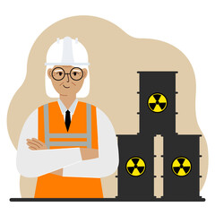 A old female specialist next to black barrels with an image warning about the toxicity of waste. Radiation.