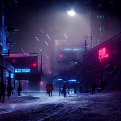 futuristic city with snow at night