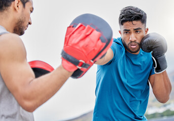 Gym, fitness and man boxing with coach, coaching and motivation for health, training and self...