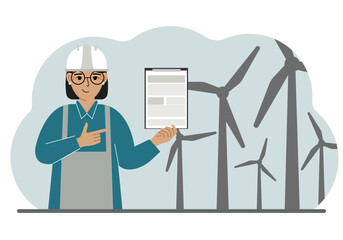 Technician engineer woman, energy wind farm. The concept of clean alternative energy. Environmental protection, ecology protection.