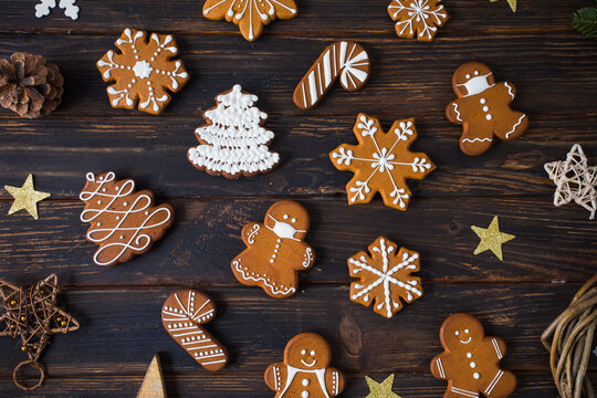 Christmas cookies of various shapes with sugar decor glaze