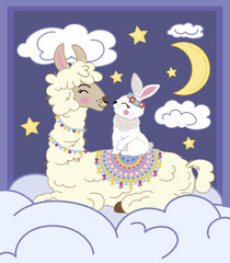 cute illustration of a llama with a rabbit on a cloud against the background of the moon. childish illustration for cover, postcard, poster
