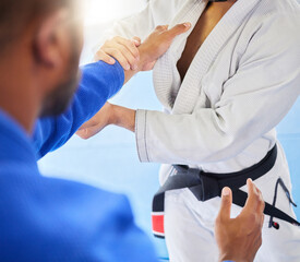 Man, closeup and karate training fight in gym, dojo and combat sport for exercise. Man, self...