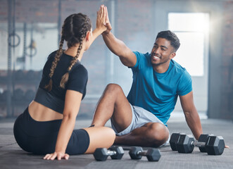 Fitness couple, high five and personal trainer with woman client to celebrate achievement, success...