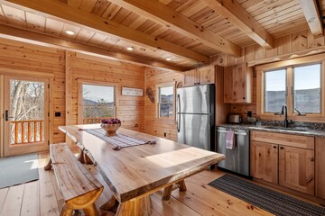 Kitchen and living room interior of log cabin in mountains - obrazy, fototapety, plakaty