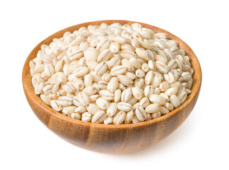 Highland barley in the wooden bowl, isolated on white background