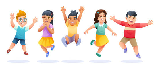 Cheerful kids jumping together cartoon illustration