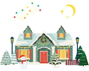 Snowy night in cozy christmas town city panorama. Winter christmas village