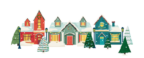 Snowy night in cozy christmas town city panorama. Winter christmas village