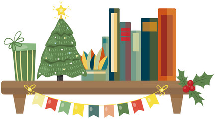Christmas shelves with decorations and books