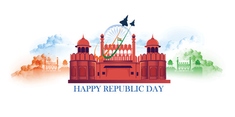 Republic Day celebrations with 26th January India and Ashoka Wheel, try color, Indian flag, Lal Kila