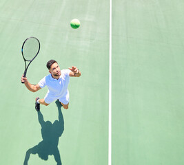Tennis, mockup and serve with a sports man playing a game on a tennis court outoor from above....