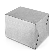 Selective focus close up of a cardboard box on white background