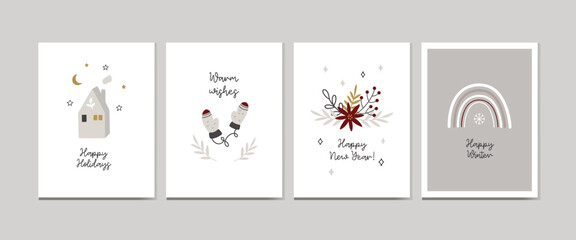 Christmas cards with houses, christmas tree, rainbow, christmas toys and floral elements