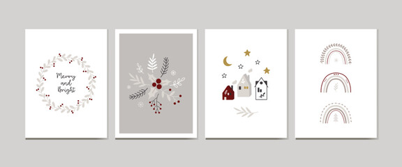 Fototapeta na wymiar Christmas cards with houses, christmas tree, rainbow, christmas toys and floral elements