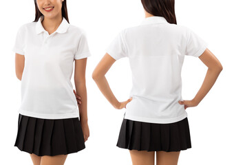 Young woman in white polo shirt mockup isolated on white background with clipping path.