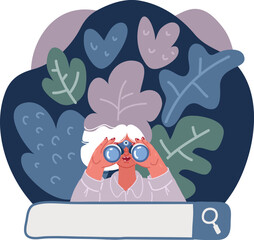 Vector illustration of woman searching for opportunities, decisions, new business ideas or staff. People looking into future choosing direction of development