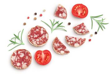 Cured salami sausage slices isolated on white background. Italian cuisine with full depth of field....