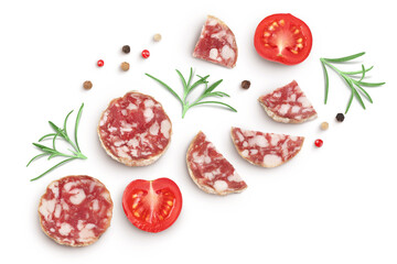 Cured salami sausage slices isolated on white background. Italian cuisine with full depth of field. Top view. Flat lay.