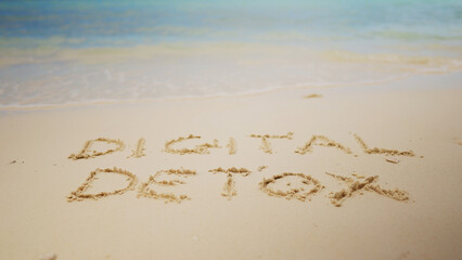 Digital Detox Word Written On Sand Near The Sea