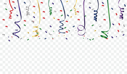 Celebration or festival colorful background template with falling paper confetti and ribbons. Vector illustration isolated on transparent background