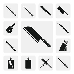 Large sharp cleaver knife flat web icon. Santoku cleaver knife sign silhouette. Cleaver solid black icon vector design. Santoku cleaver cartoon clipart. Kitchen utensils icon set. Cooking tools knives
