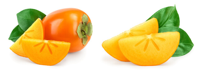 Persimmon fruit with leaves isolated on white background close-up