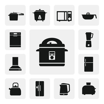Automatic multicooker or pressure cooker flat web icon. Electric pressure cooker sign silhouette. Multicooker solid black vector design. Pressure cooker clipart. Kitchen appliances concept icon set