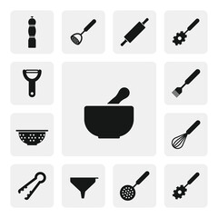 Mortar and pestle flat web icon. Mortar and pestle sign silhouette. Mortar and pestle solid black icon vector design. Mortar with pestle cartoon clipart. Kitchen utensils icon set. Cooking tools icon