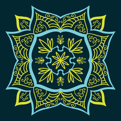 Neon blue cyan and yellow symmetrical background mandala vector illustration on dark background