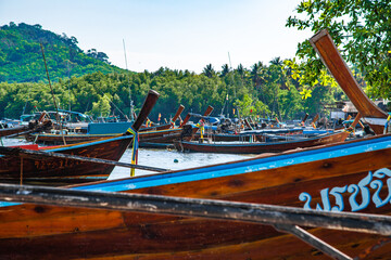 Beach view with long tail boats in koh Mook or koh Muk island, in Trang, Thailand