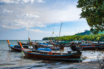 Fototapeta premium Beach view with long tail boats in koh Mook or koh Muk island, in Trang, Thailand