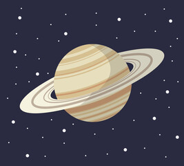 Cartoon solar system planet in flat style. Saturn planet on dark space with stars vector illustration.