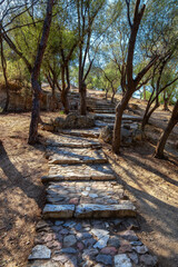 Fototapeta na wymiar Brick path with trees in Philopappos Hill, Athens, Greece. Sunny Morning.