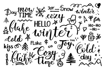 Merry Christmas. Set of handwritten lettering quote with Happy New Year phrase. Vector hand drawn calligraphy type