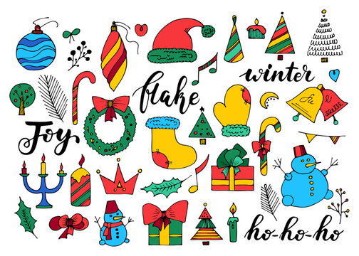 A large set of Christmas pictures in doodle style, New Year's illustrations for greeting card design, for design of a poster, banner, print. Vector hand drawn color clipart