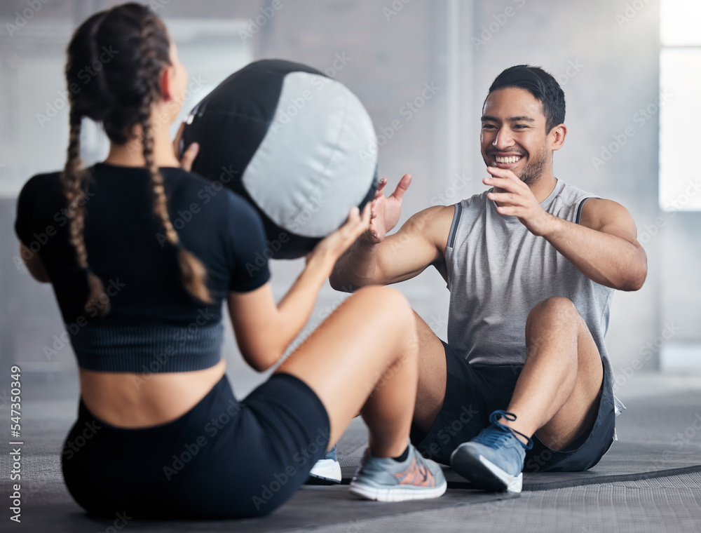 Sticker Fitness, ball and couple doing an exercise together for health, wellness and strength in the gym. Sports, healthy and strong man and woman athletes doing a workout or training in a sport center.