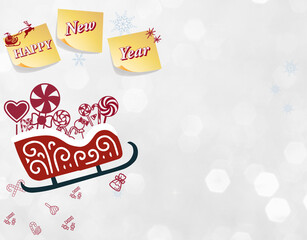 Happy new year message on yellow sticky notes with red santa sled and candies on blurred, bokeh light snowfall background, greeting card, templates, empty space for notes. 