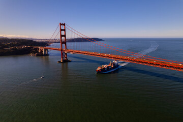 Golden Gate Bridge with Cargo Ship Drone View