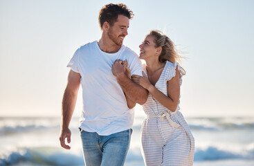 Fototapeta na wymiar Holding hands, love and couple walking on beach during travel, freedom and quality time for support on holiday. Care, smile and man and woman on a vacation for marriage, relax and happy by the sea