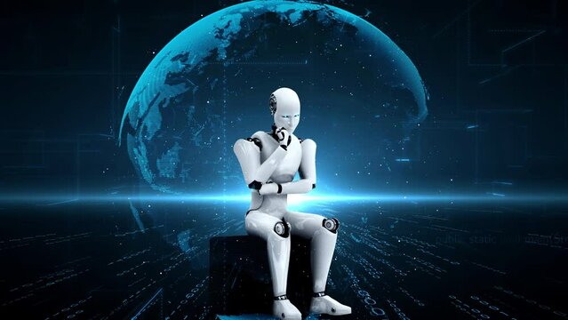 Futuristic robot artificial intelligence huminoid AI programming coding technology development and machine learning concept. Robotic bionic science research for future of human life. 3D rendering.