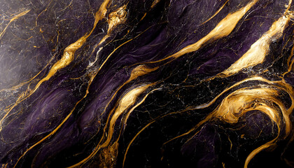 Obraz na płótnie Canvas Abstract dark luxury marble background. Digital art marbling texture. Black, gold and purple colors 